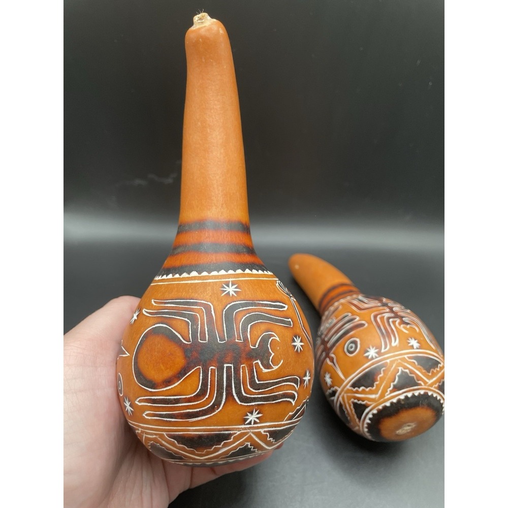Vtg Set Of Peruvian Carved Gourds Rattles/Rain Sticks 7" Tall